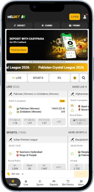 Main screen of the Melbet mobile app